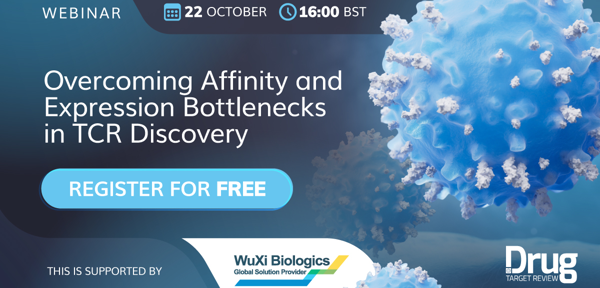 Webinar announcement featuring a blue virus illustration with details on TCR discovery and registration.